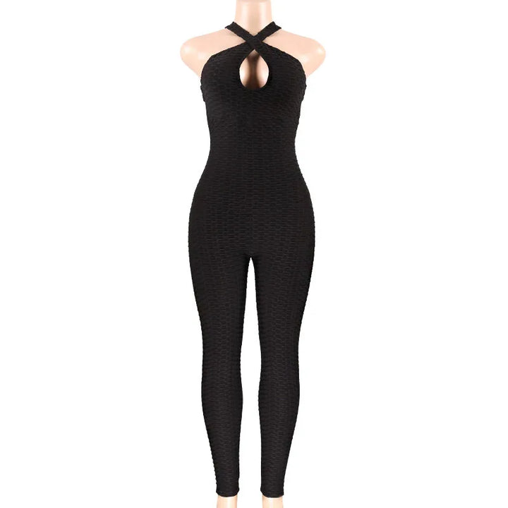 Sexy Backless Jumpsuits Women Solid Fitness Push Up Yoga Suits Elastic Seamless Jacquard Bubble Gym Sportswear Workout Clothes