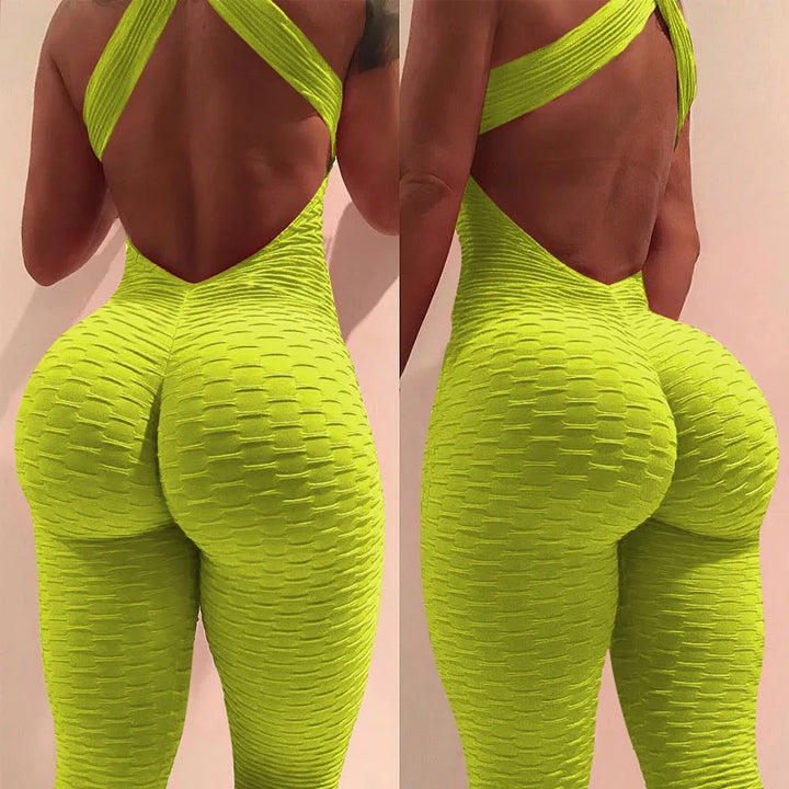 Sexy Backless Jumpsuits Women Solid Fitness Push Up Yoga Suits Elastic Seamless Jacquard Bubble Gym Sportswear Workout Clothes