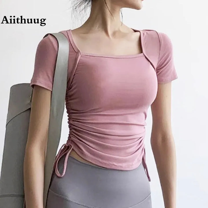 Aiithuug Yoga Tops Slim Waist Drawstring Gym Shirt Workout Tops Golf Fitness Active Yoga Wearing Yoga Crop Top Sports Clothes