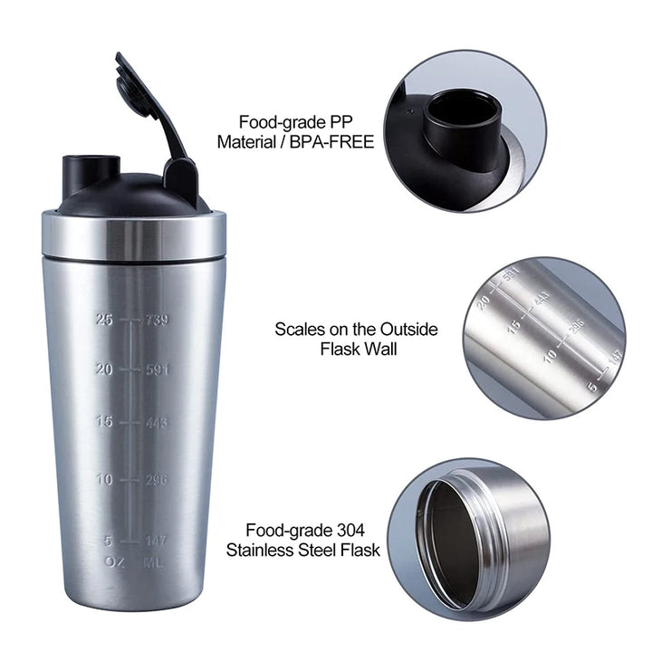 500/750ml Stainless Steel Protein Powder Shaker Bottle Leak Proof Water Bottle for Gym Fitness Sport Whey Shakes Cup with Scale