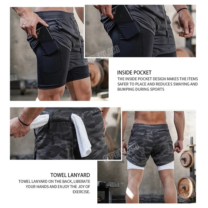 Running Shorts Men 2 In 1 Double-deck Quick Dry GYM Sport Shorts Fitness Jogging Workout Shorts Men Sports Short Pants