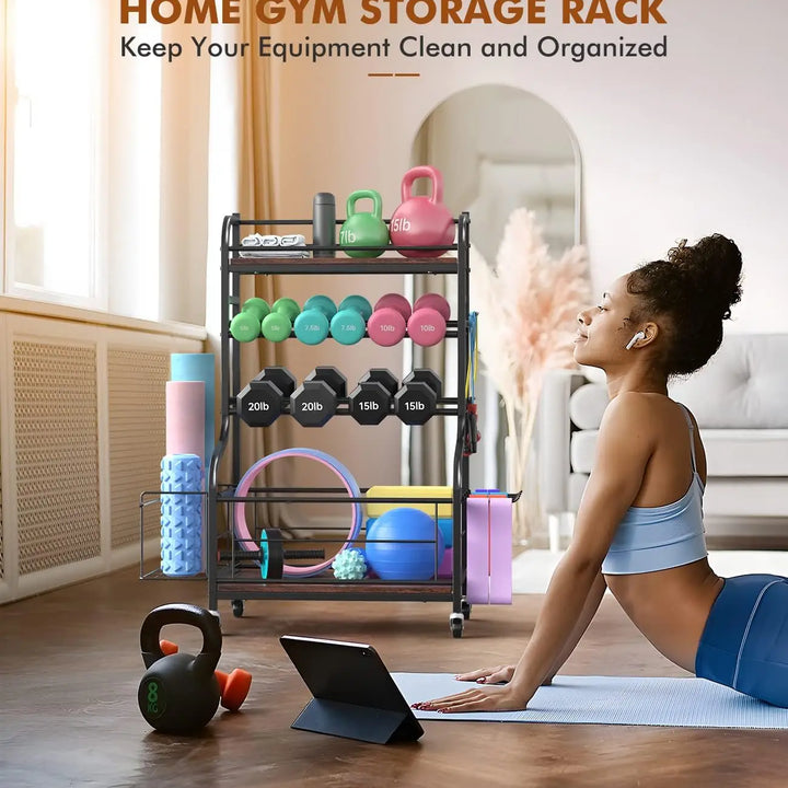 Weight Rack for Dumbbells, All in One Home Gym Storage Rack for Yoga Mat Dumbbells and Kettlebells Holder, 4 Tier Heavy Duty Met